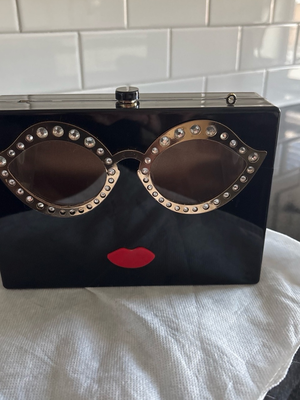 Black Rhinestone Sunglasses Face Clutch with Red Lip Accent